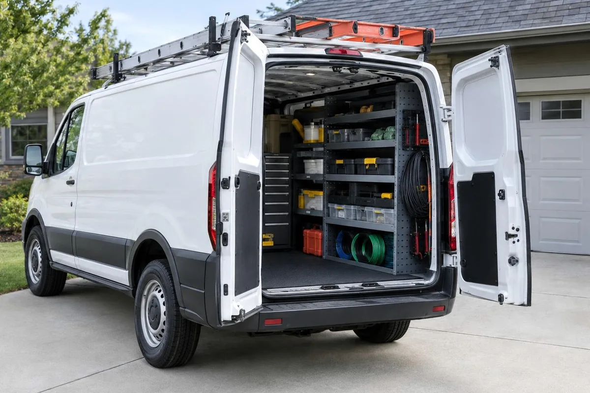 White work van with the rear doors open, showing shelves of tools, wire spools and a ladder rack, parked in a driveway