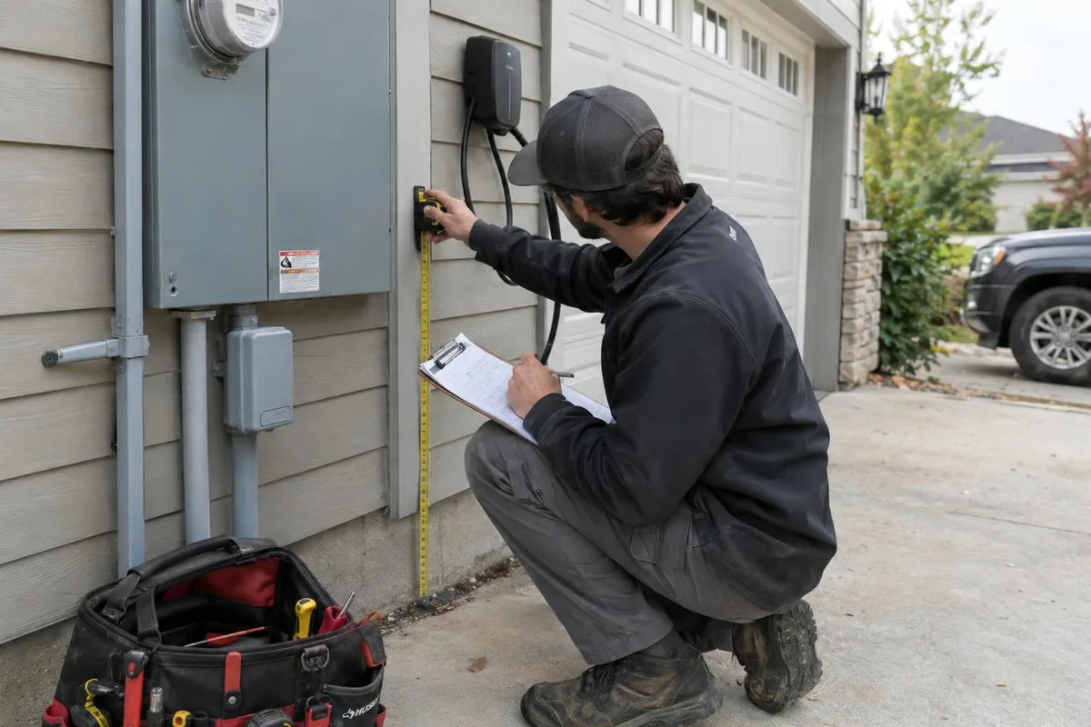 Electrician kneeling beside an outdoor electrical panel, measuring the wall with a tape measure and writing on a clipboard