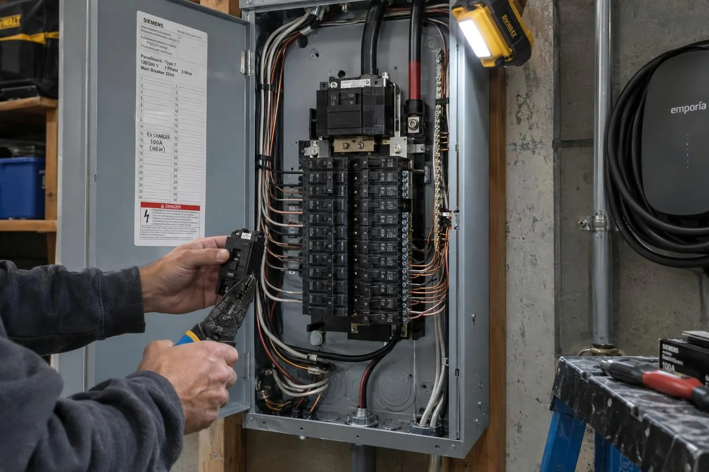 Electrician fitting a new breaker in a 200-amp panel, with a wall-mounted EV charger beside it