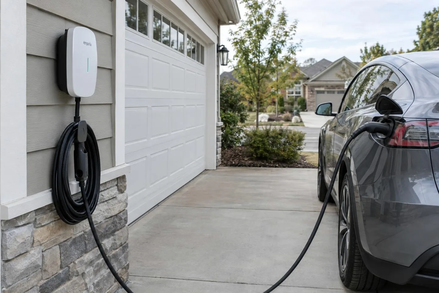 Emporia EV charger mounted on the outside wall of a garage, charging a gray electric SUV in the driveway